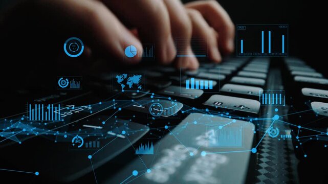 This image captures the dynamic interaction between human hands and a keyboard, highlighted by floating digital graphs, emphasizing the blend of technology and data analytics. Xenic