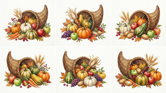 Autumn harvest cornucopia collection, six bountiful Thanksgiving horn of plenty illustrations, seasonal fall produce and fruits, rustic holiday abundance.