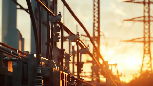 Power lines and high voltage equipment span a substation grid, carrying electricity and connecting urban infrastructure against a glowing orange sunset sky, symbolizing modern energy supply