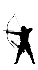 Fototapeta premium Archery silhouette of a traditional archer aiming a longbow, medieval warrior with bow and arrow vector, ancient soldier in shooting stance