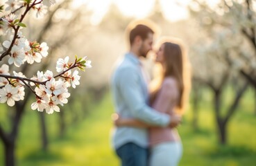 Fototapeta premium Man and woman embrace among spring trees with white blossoms. Couple shares intimate moment in garden. Soft light, romantic atmosphere, love and new beginnings.