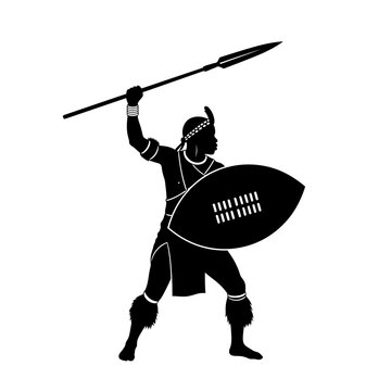 African Zulu warrior silhouette with spear and shield, traditional tribal fighter vector, black and white ethnic soldier illustration for cultural heritage