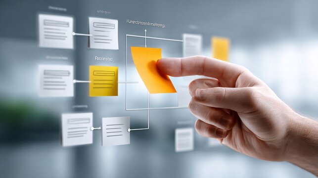 Close-up of a hand placing a colorful sticky note on a glass wall filled with brainstorm ideas, in the background, out-of-focus colleagues collaborate, "Human-centric brainstorming"