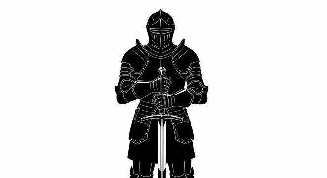 Medieval knight in full armor silhouette, black warrior holding a longsword, heroic armored soldier vector illustration on white background
