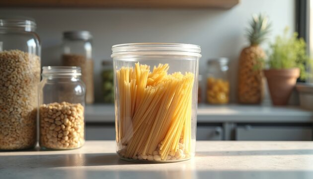Glass jar holds dry spaghetti noodles and beans. Other containers with grains and foods are on shelf. Kitchen pantry scene shows organized dry goods and ingredients for cooking.