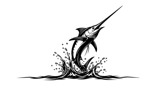 Marlin fishing vector illustration, jumping blue marlin swordfish in water splash, black and white sport fishing logo, nautical ocean predator graphic