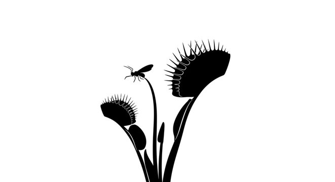 Venus flytrap silhouette vector, carnivorous plant with fly insect, botanical Dionaea muscipula illustration, predatory swamp flora icon