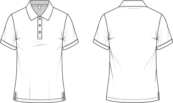 Technical Flat Sketch of a Men's Short Sleeve Polo Shirt Template Featuring a Three-Button Placket and Side Slit Detail