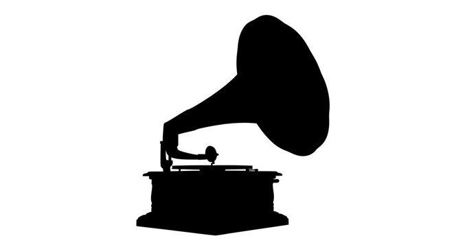 Vintage gramophone silhouette, antique record player icon, classic phonograph vector illustration, retro music equipment on white background