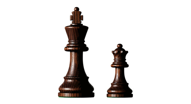Dark wood chess king and queen pieces, realistic wooden chessmen vector illustration, business strategy and leadership concept on white background