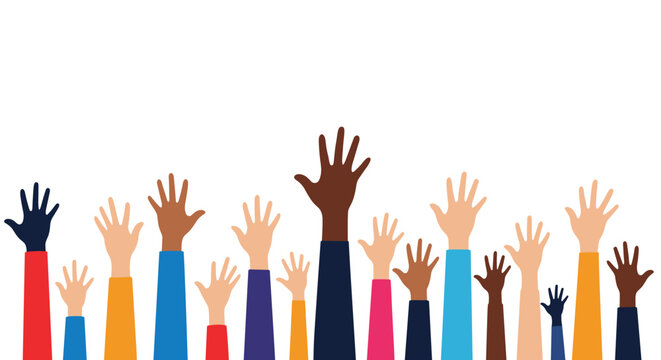 Crowd of diverse hands of various skin tones reaching upwards in a gesture of unity, collaboration, or volunteering for a positive cause.