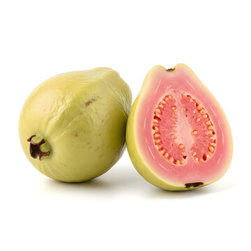 Guava fruit, pink guava, whole and halved, tropical fruit