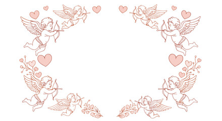 Naklejka premium Romantic pink border design with flying cupids holding bows and hearts for valentines day and wedding celebrations or anniversary cards.