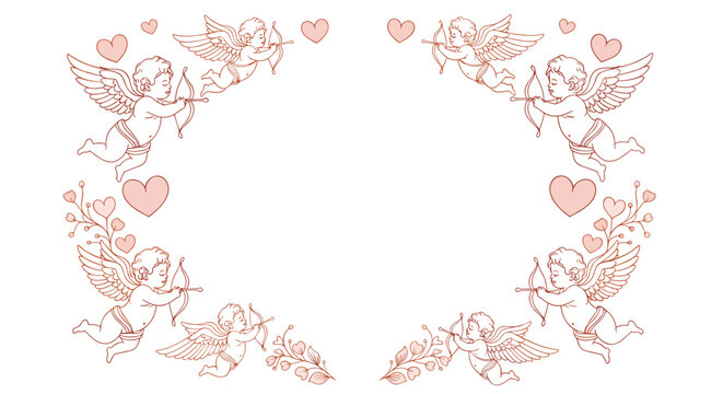 Romantic pink border design with flying cupids holding bows and hearts for valentines day and wedding celebrations or anniversary cards.