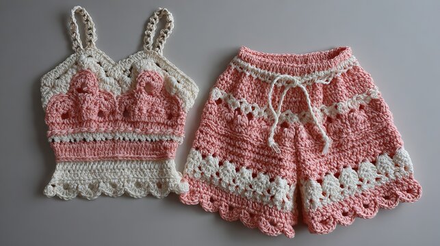 A crocheted pink and white two-piece outfit for a young girl lies on a gray background