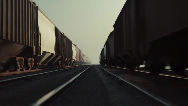 Freight train cars roll along parallel tracks through an industrial landscape on a hazy day, conveying cargo and supply chain movement with blurred motion and vast perspective