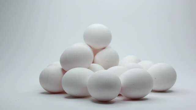 Fresh white eggs stacked in pyramid, smooth dolly shot revealing texture