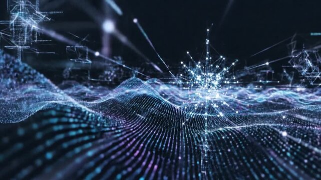 Futuristic Digital Data Visualization Featuring Glowing Particle Wave Pattern Representing Artificial Intelligence Network Connectivity And Innovation Concept In Vector Illustration Style.