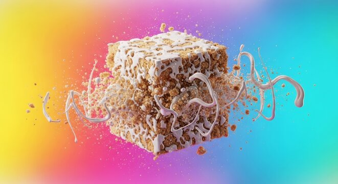 Square cake cube exploding into soft crumbs and swirls of liquid icing with dynamic motion scattering across a bright multicolored backdrop, energy, scattering, vibrant