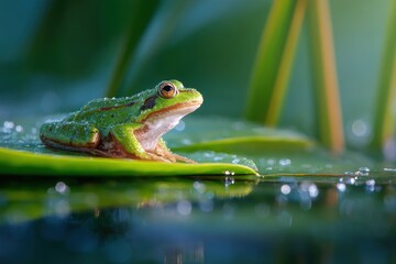 Obraz premium Serene pond scene featuring a small frog on a vivid green leaf amid reflections