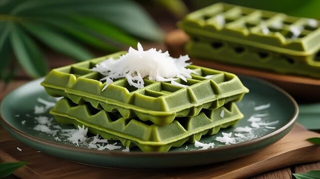 Green waffles stacked on a plate topped with shredded coconut for a sweet dessert