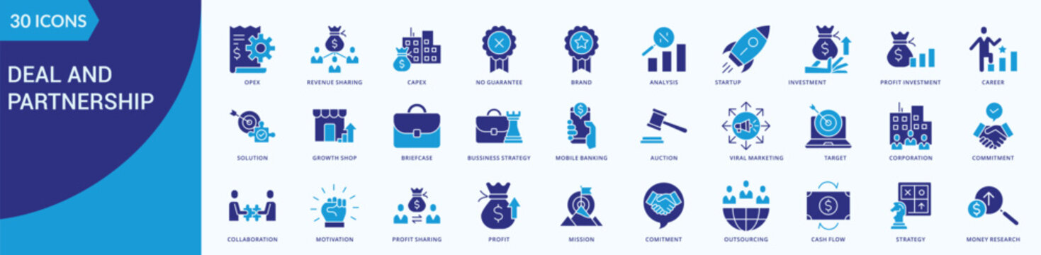 Deal and partnership icon collection set  Flat Blue with opex, revenue sharing, capex, no guarantee,
