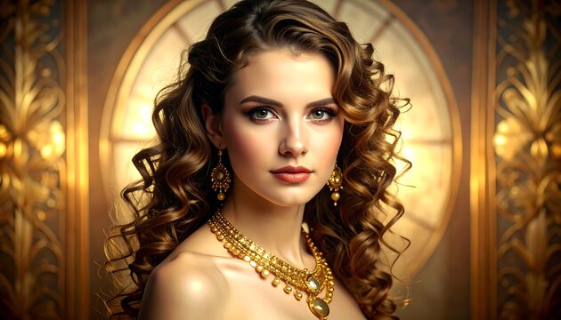 Elegant Woman Adorned with Golden Jewelry in Luxurious Setting.
