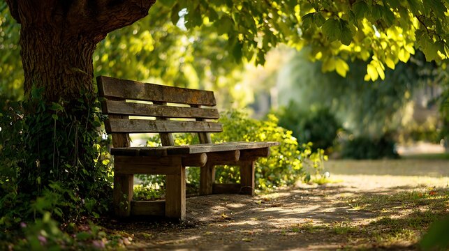 A wooden park bench sits under a lush tree on a sunny outdoor path surrounded by greenery and plants.