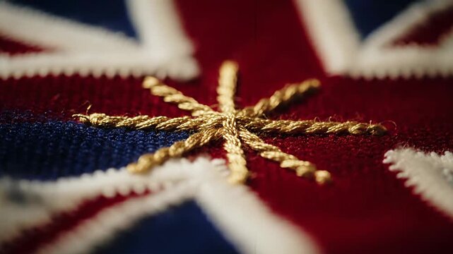 Embroidered fabric detail showcasing Union Jack pattern with a central gold star design