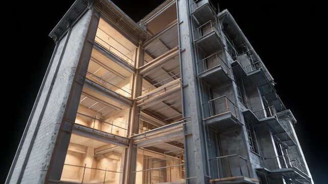 Multi story building model showcasing structure, engineering, and architectural design on an isolated black background, representing new construction and urban development