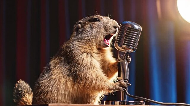Hilarious brown rodent gopher performing vocal solo into retro vintage microphone, expressive ground squirrel singing karaoke or screaming loudly, creative music recording animal concept studio