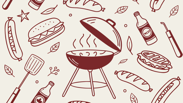 A minimalist, two-tone seamless pattern illustration themed around a summer barbecue. Set against a light cream background, the hand-drawn elements are rendered in a deep reddish-brown line art style.