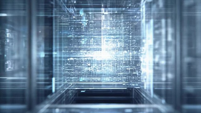 Abstract digital data tunnel creating an immersive network connection, moving through a futuristic glowing pathway structure, symbolizing modern technology and communication evolution