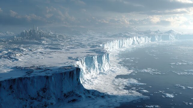 ice sheets transitioning into a futuristic civilization, advanced buildings glowing softly, icy wilderness and sci-fi city equally dominant, dramatic sky