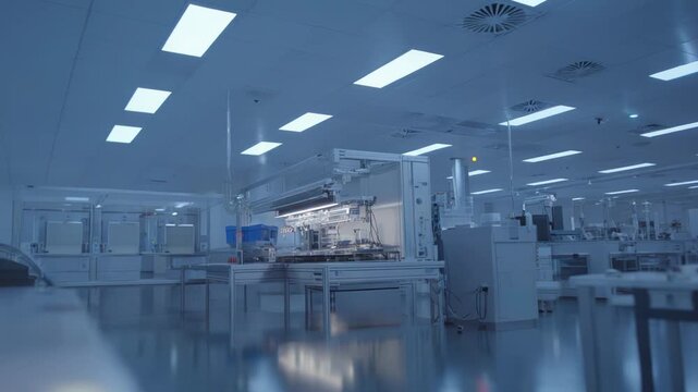 Modern cleanroom with automated machinery and precision equipment for semiconductor, microelectronics and biotech production in a sterile, controlled low particle environment