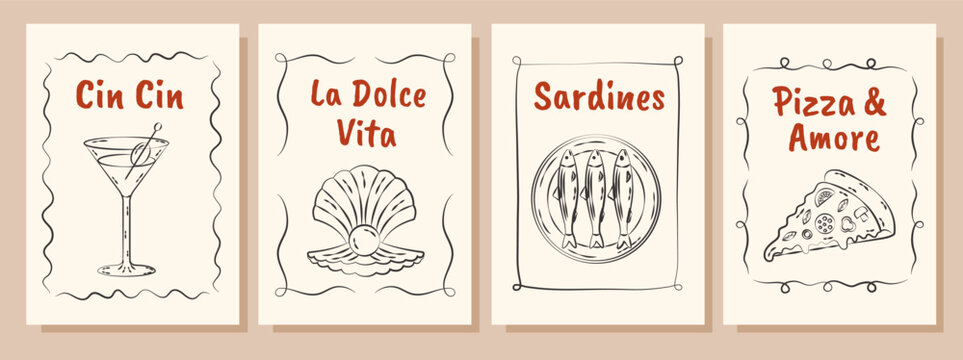 Italian summer posters and cards in hand drawn whimsical style. Mediterranean. La Dolce Vita. Amalfi coast.