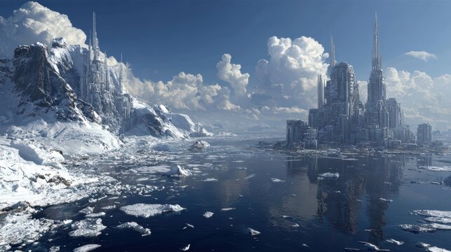 end of glaciers with a clear cutoff, immediately followed by a futuristic city on ice-free terrain, detailed sci-fi buildings