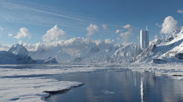 frozen terrain abruptly meeting a developed sci-fi civilization, massive ice formations contrasted with sleek futuristic towers, both worlds equally visible
