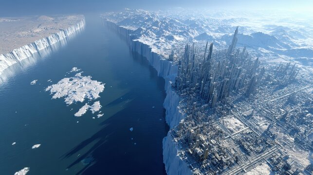massive ice cliffs on the left, hyper-advanced futuristic city on the right, clear boundary line, two civilizations separated by nature and technology