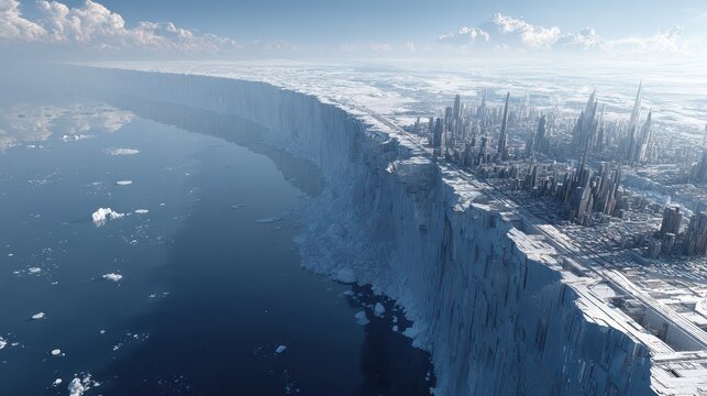massive ice cliffs on the left, hyper-advanced futuristic city on the right, clear boundary line, two civilizations separated by nature and technology