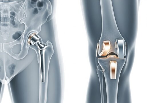 Advanced medical imaging showing hip and knee joint replacements in a human body isolated on white background