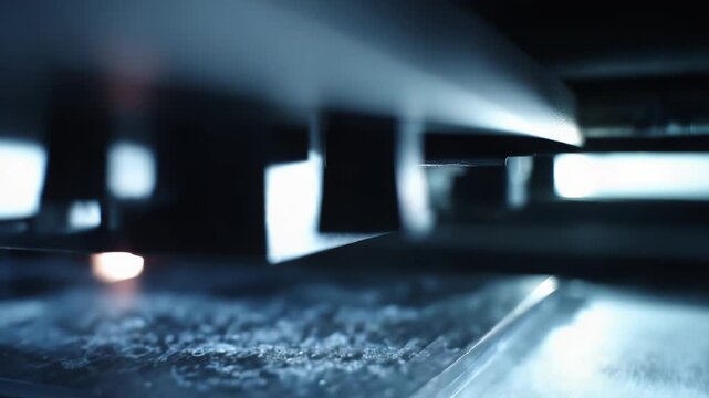Automated manufacturing machine working with light and material, building complex structures through precise layer application, showcasing modern industrial engineering and future technology