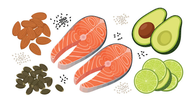 Healthy food arrangement featuring salmon avocado nuts and citrus fruits