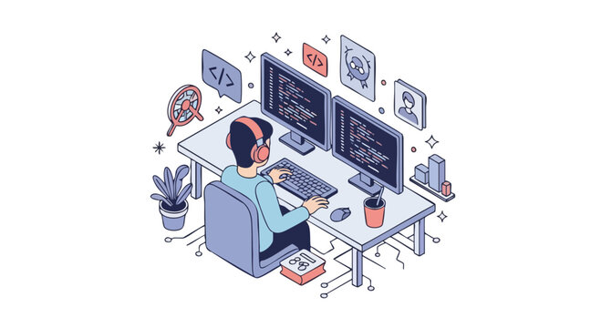 Deep Focus Software Developer Coding at Desk Isometric Vector