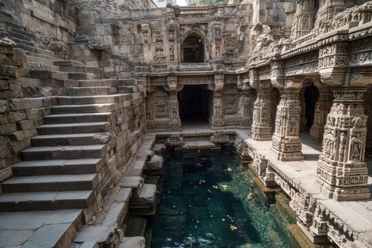 Ancient stepwell showing intricate stone work and clear water