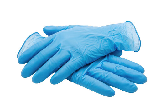 A pair of blue disposable nitrile gloves laid out flat for use isolated on transparent background