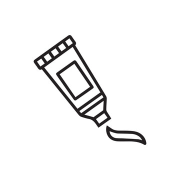 Tube of toothpaste icon with squeezed paste on a white background, simple black line art illustration.
