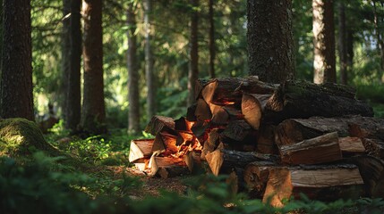 Obraz premium Firewood crackles in a forest clearing.