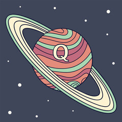 Cartoon planet saturn with letter q in starry space background, universe © Saharima