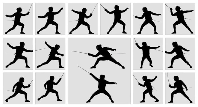 Fencing athlete silhouettes set, 14 black vector icons of fencers in action poses, professional swordsman combat sport figures for athletic design